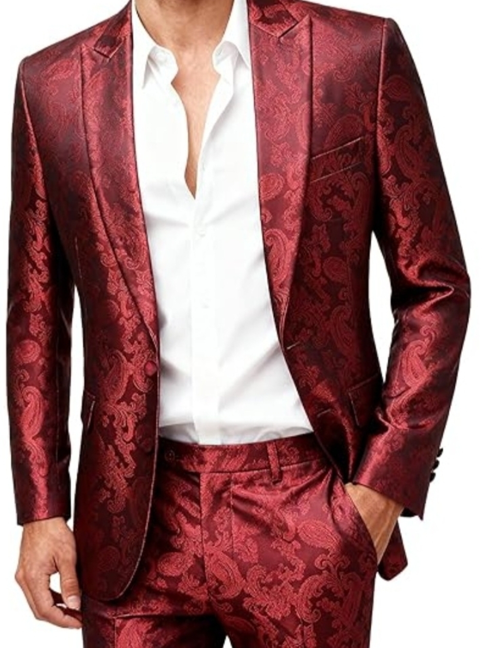 Cloudstyle Men's Burgundy Paisley Slim-Fit Suit Jacket and Pants - Size M